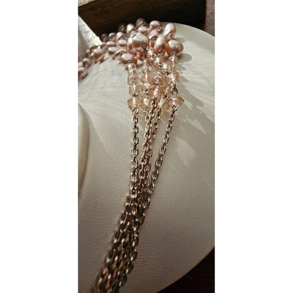 Multi Strand Pink Faux Pearl Silver Chain Beaded Layered Necklace 16" Adjustable - Picture 3 of 7